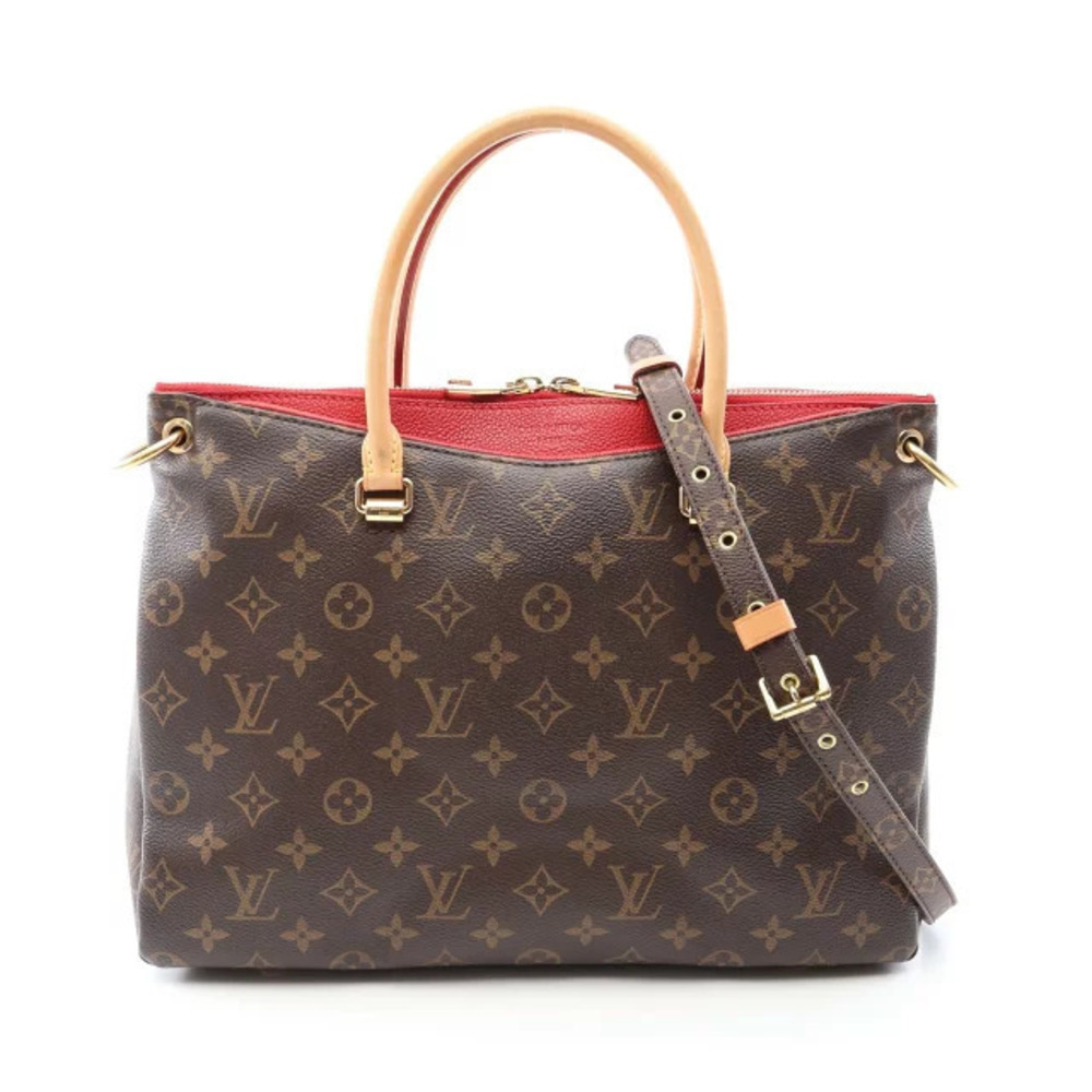Louis Vuitton Pallas Handbag Canvas Leather Monogram Brown Red